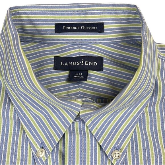 Land’s End Shirt Mens Large L Blue Green Stripe Long Sleeve Button Down Collar - Picture 3 of 4